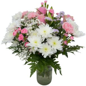 front main fresh flowers vase shot pastel pink and white