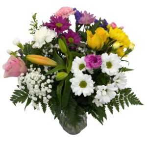Alternative front image in vase bright mixed fresh flower bouquet arrangement