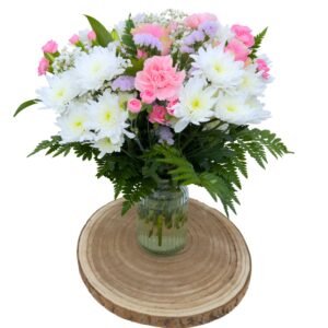 Hand Tied Fresh Flowers on round wooden table
