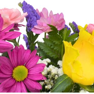 Yellow and pink rose close up bright mixed fresh flower bouquet arrangement