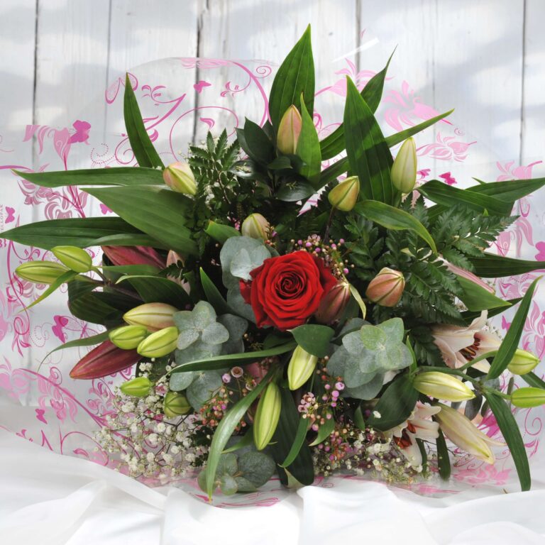 Oriental Lilies and single Red Rose