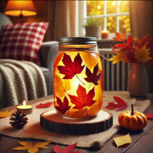 Homemade Jam Jar lantern with Autumnal leaves